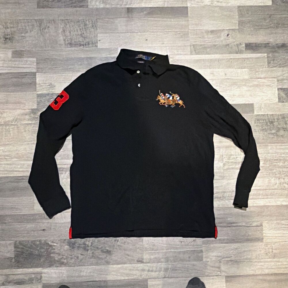 Polo Ralph Lauren Big Pony Mens L Black Long Sleeve Polo Shirt Cotton Golf